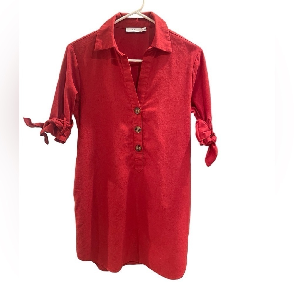 Lush Red Linen/Cotton Blend Short Sleeve Dress